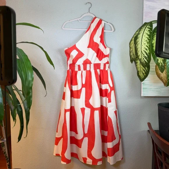Banana Republic Cotton White Orange Geometric Pattern One Shoulder Midi Dress L - Picture 6 of 10